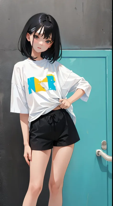 (Short cute girl，Small young student，Young delicate girl）,（masterpiece，Top quality)，Black Hair，Shorts，shirt lift，sleepy