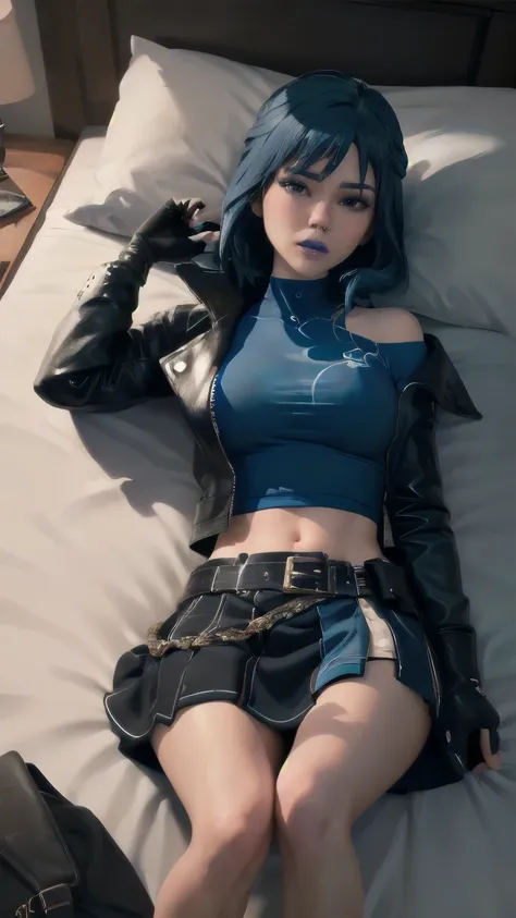 (masterpiece,best quality,absurdres,beautiful,sharp,detailed),cinematic angle, 1girl, hopefn, blue lips, navel, blue hair, jacke...