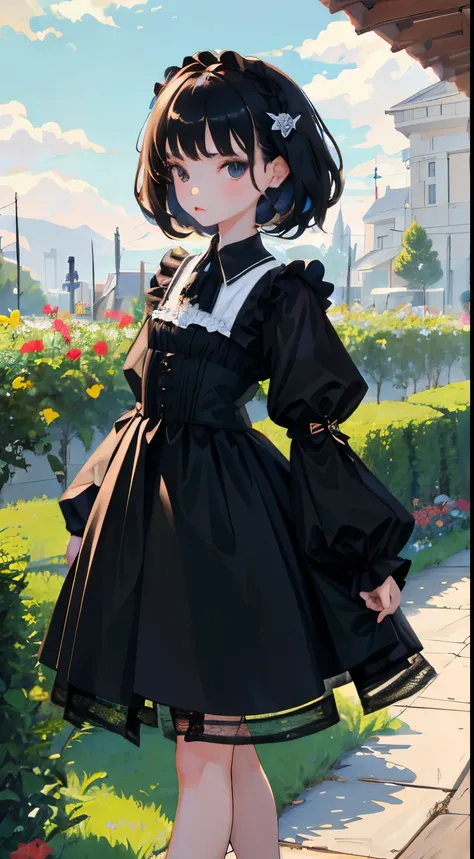 (Short cute girl，Small young student，Young delicate girl）,（masterpiece，Top quality)，Black Hair，Sleepy expression，Black Lolita Clothing，race，mini skirt，garden