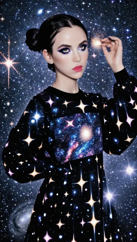 girl allegory of the night, chic transparent black clothes, fancy star pattern, in the hands of a thin month, sensual lips, complex evening hairstyle in the hair of a star, around the glow of galaxies, Milky Way,  light dispersion, overflow, hyperrealism, ...