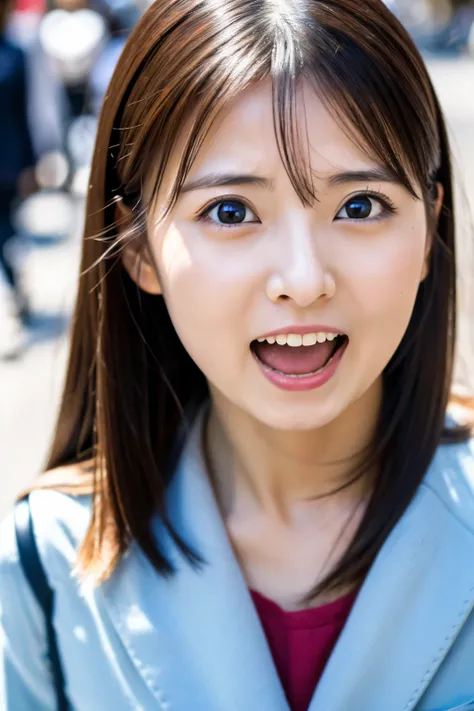 Masterpiece, 8K, high quality, high resolution, beautiful Japanese woman, 30 years old, (detailed face, detailed eyes), ((Open mouth wide, surprised face)), alone on the street, full-body photo