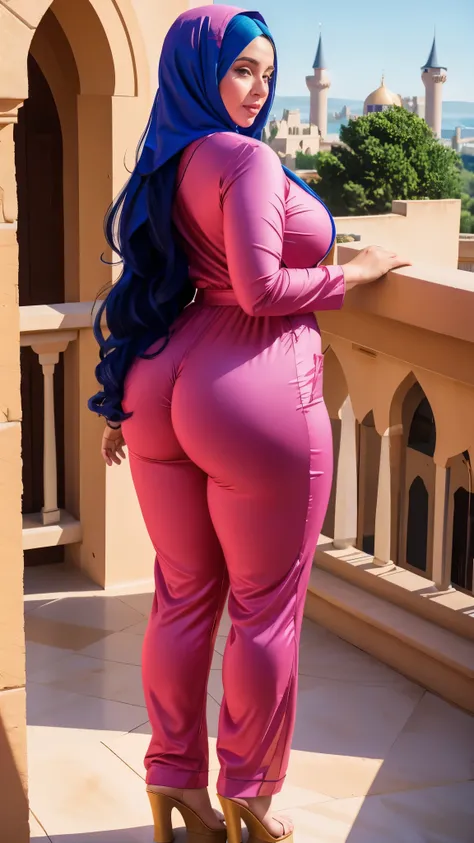 Arabic Woman , standing on a balcony looking out at a castle, curvy body , wearing jumpsuit pajamas, beautiful woman, very detail ,pawg, long legs ,thick high, full body in camera, pawg, wearing strap wedges, ass view 