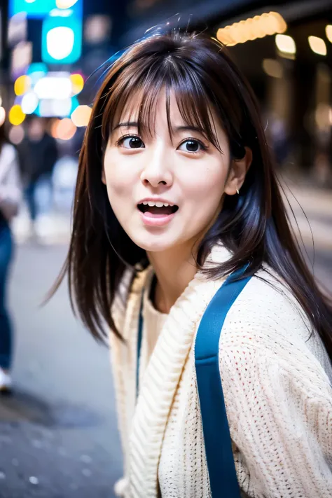 Masterpiece, 8K, high quality, high resolution, beautiful Japanese woman, 30 years old, (detailed face, detailed eyes), ((Open mouth wide, surprised face)), alone on the street, full-body photo