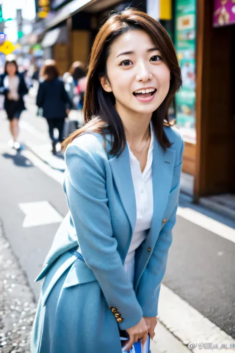 Masterpiece, 8K, high quality, high resolution, beautiful Japanese woman, 30 years old, (detailed face, detailed eyes), ((Open mouth wide, surprised face)), alone on the street, full-body photo