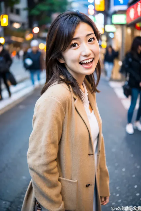 Masterpiece, 8K, high quality, high resolution, beautiful Japanese woman, 30 years old, (detailed face, detailed eyes), ((Open mouth wide, surprised face)), alone on the street, full-body photo