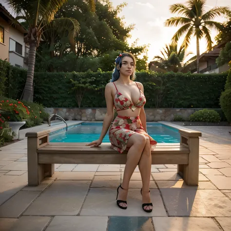 The image shows a woman looking forward sitting next to a pool. She wears a dress of red and green flowers on a white background, with a sweetheart neckline and thin straps. The skirt of her dress is split along her thigh, revealing one leg crossed over th...