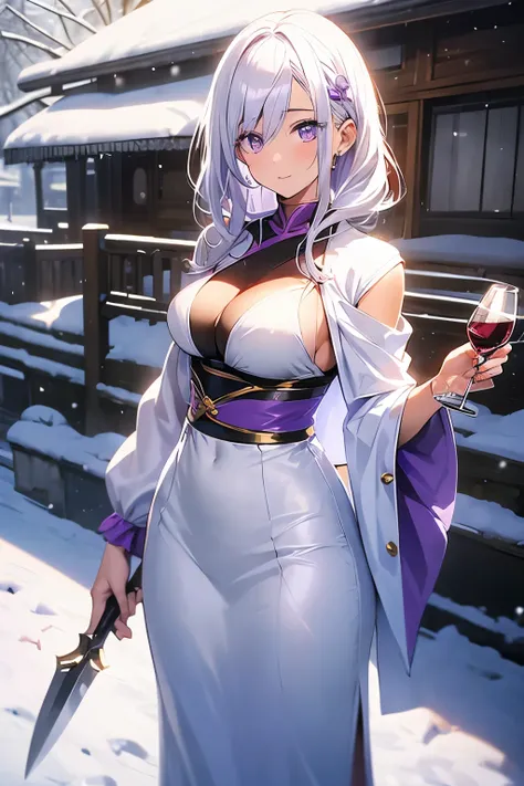 Anime woman 5 7" tall, 35 years old, firm body and medium breasts, has snow-white hair and wine-colored (purple) eyes, her clothing is completely white without adornments, having two hems of blades on your back