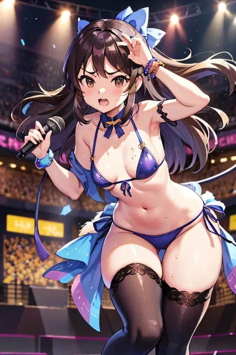 NSFW、Primary school students、、Long Hair、((Small breasts、Small breasts、Angry))、((Sweating profusely、Idol Costumes、Bikini))、Draw the whole body、Dancing、Hold the microphone、Standing on the idol stage、Raise your arms、Show your side、Realistic body