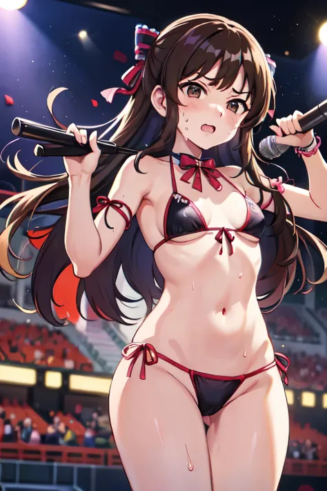 NSFW、Primary school students、、Long Hair、((Small breasts、Small breasts、Angry))、((Sweating profusely、Idol Costumes、Bikini))、Draw the whole body、Dancing、Hold the microphone、Standing on the idol stage、Raise your arms、Show your side、Realistic body