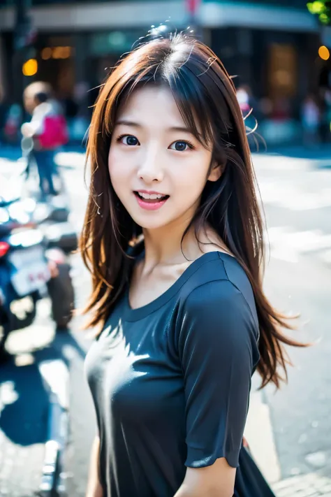 Masterpiece, 8K, high quality, high resolution, beautiful Japanese woman, 30 years old, (detailed face, detailed eyes), ((Open mouth wide, surprised face)), alone on the street, full-body photo