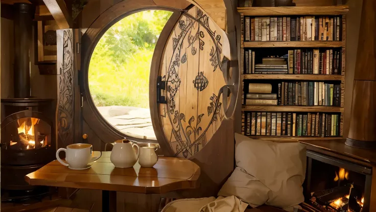 a cozy hobbit hideout, a table with cup, coffee can a candle, a cozy bed, two side fireplaces, a bookshelf, a pretty celtic woodwork