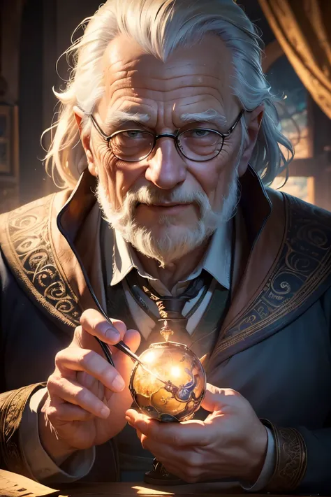 ((best quality)), ((masterpiece)), ((realistic cartoon)), ((perfect character)), ((portrait)): old wizard male genius getting a ...