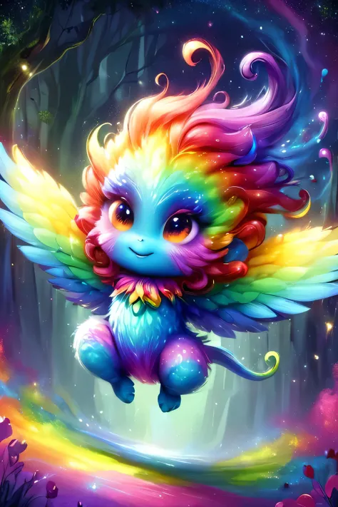 fantasy art , 8K, HD, Creature magic,coloful,rainbow,female,cute,pretty,fly,monster,yordle