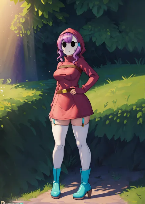 [shy gal], ((masterpiece)), ((HD)), ((High res)), ((beautiful render art)), ((solo portrait)), ((full body)), ((front view)), ((feet visible)), ((detailed shading)), ((intricate details)), {(slim figure), (shy guy), (shy guy mask), curly pink hair, (curvy ...