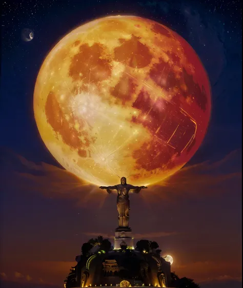 blurred view of a statue with a full moon in the background, giant Super Lua, cristo redentor, lua cheia grande, Super Lua, lua gigante, Cristo Redentor, lua cheia, grande lua cheia, the moon cast over man, the moon is big and in the city, lua cheia amarel...