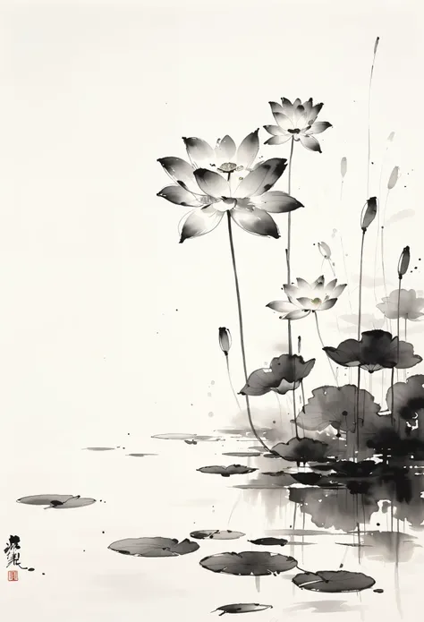 Chinese black and white ink painting,lotus flowers, water reflection, monochrome, ink wash, artistic brush strokes, nature theme, floral art, serenity, elegance, minimalistic design, white space,