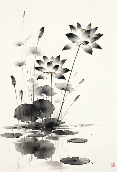 Chinese black and white ink painting,lotus flowers, water reflection, monochrome, ink wash, artistic brush strokes, nature theme, floral art, serenity, elegance, minimalistic design, white space,