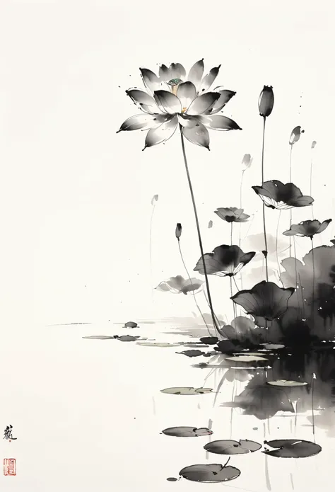 Chinese black and white ink painting,lotus flowers, water reflection, monochrome, ink wash, artistic brush strokes, nature theme, floral art, serenity, elegance, minimalistic design, white space,