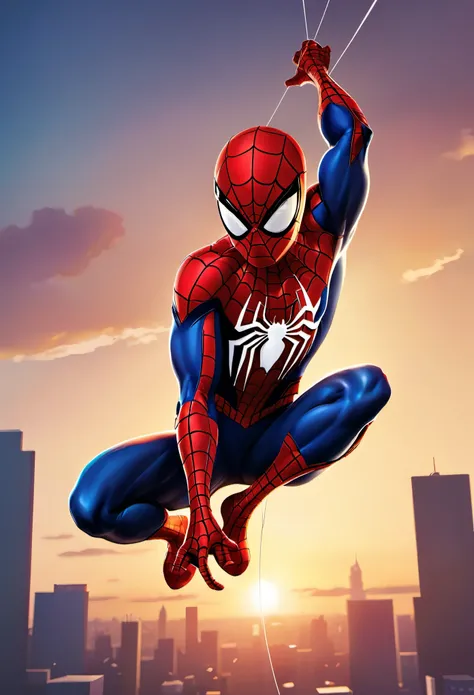 a SPIDER-MAN silhouette design AERIAL VIEW , sunset design, arte 3D vetor, fofo e peculiar, brilhante ousado colorido., efeito aquarela, , pintura digital, baixo poli, Aerial view, Isometric style, focado no personagem, 4K resolution, Photorealistic render...