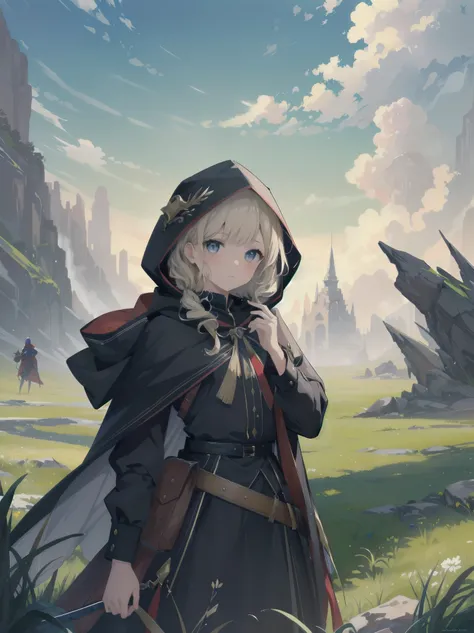 (Masterpiece, top quality, highest quality, official art, beautiful and aesthetic: 1.2), 1 girl, solo, marquise, adventurer, hood, meadow, detailed background, otherworldly fantasy with overwhelming modeling and super detailed amount of writing, one of the...