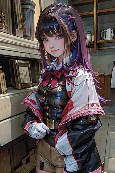 (masterpiece, highest quality:1.2), Intricate details, Decoration, One girl, Multicolored Hair, Long Hair, Collared shirt, Jacket, A light smile, bangs, gloves, Long sleeve, (Mature Woman:1.2)