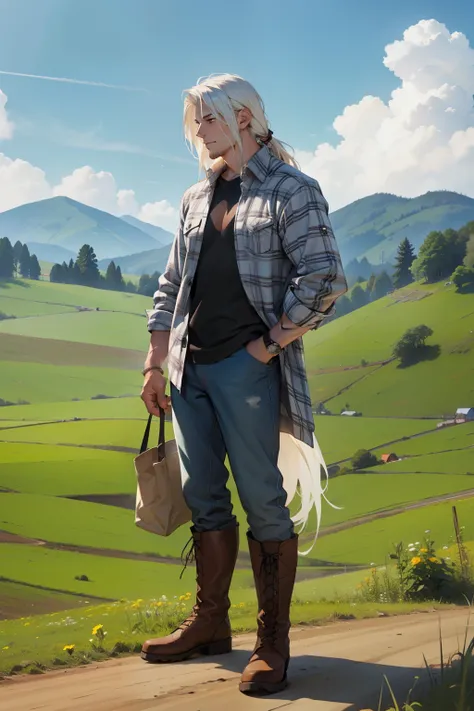 (1 man), very long white hair, muscular, flannel shirt, boots, farm background 