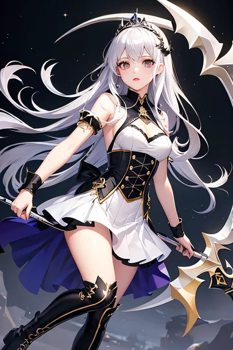 （（（highest quality、Masterpiece、Normal body、8k、Detailed face、Ultra-precision、Normal hand、Normal finger、５Finger、Highest）））Beautiful girl with golden and silver hair、Princess、Absolute Being、Twilight Dress、White and black skirt、Shiny Tiara、metal boots、Death Sc...