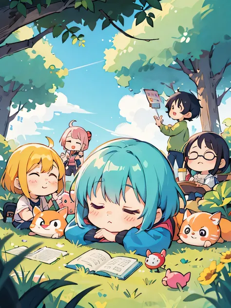 akira toriyama style, Kawaii Design, (((many people)))、most beautiful girl ever、Chibi, Colorful bob hair、((Lots of friends))、Everybody taking a nap outside