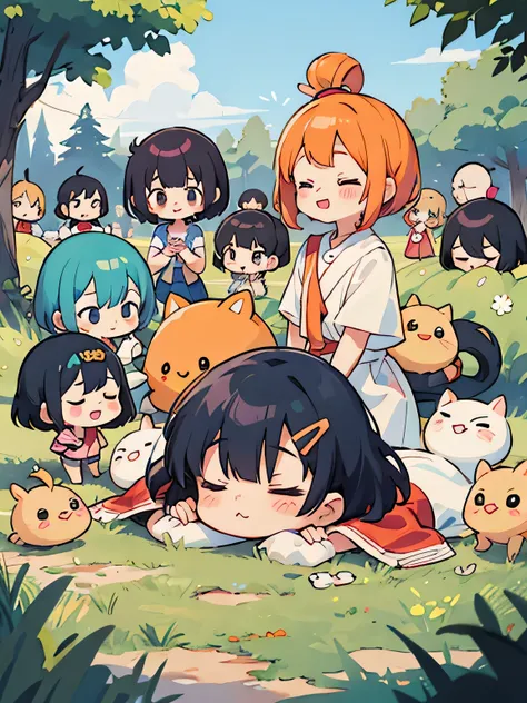 akira toriyama style, Kawaii Design, (((many people)))、most beautiful girl ever、Chibi, Colorful bob hair、((Lots of friends))、Everybody taking a nap outside