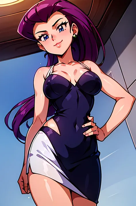 Jessie with a very short and tight white dress, low-cut dress, bare shouders, looking at player, medium breasts, closed mouth, smile, hand on hip, low angle, jessie pokemon, hair slicked back, very long hair, purple hair, blue eyes, 1990s style