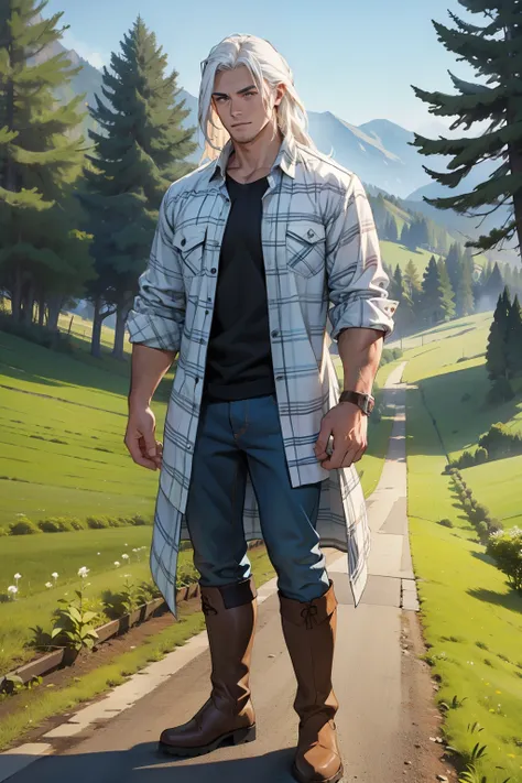 (1 man), very long white hair, muscular, flannel shirt, boots, farm background 