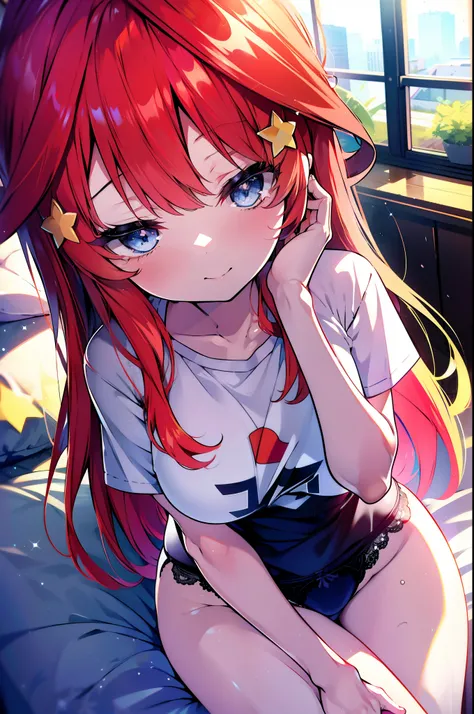 itsukinakano, Itsuki Nakano, bangs, blue eyes, Hair between the eyes, Ahoge, Redhead, star (symbol), hair ornaments, star hair ornaments,smile,Open your mouth,
Looks sleepy,Oversized T-shirt,Black string underwear,barefoot,With a big pillow in both arms,Pu...