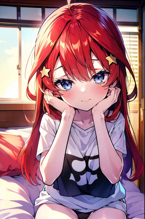 itsukinakano, Itsuki Nakano, bangs, blue eyes, Hair between the eyes, Ahoge, Redhead, star (symbol), hair ornaments, star hair ornaments,smile,Open your mouth,
Looks sleepy,Oversized T-shirt,Black string underwear,barefoot,With a big pillow in both arms,Pu...