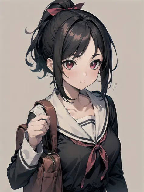 Masterpiece, top quality, super detailed, 16k, One girl, spring, high school, warm colors, school bag, accurate and highly detailed background, flock of schoolgirls in uniforms of various body shapes and hairstyles, cute. Blake. , red eyes, black hair, rib...