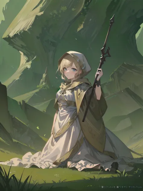 (Masterpiece, top quality, highest quality, official art, beautiful and aesthetic: 1.2), 1 girl, solo, marquise, adventurer, hood, meadow, detailed background, otherworldly fantasy with overwhelming modeling and super detailed amount of writing, one of the...