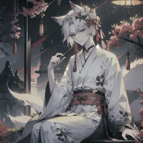 sitting、((best quality)), ((masterpiece)), (detailed), perfect face
＃boy：silver hair、hair up to the neck、fox ears、fox&#39;s tail...