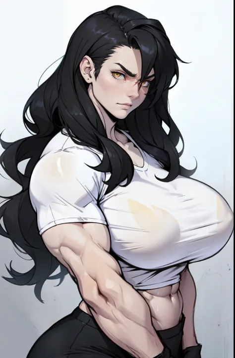 ((1 girl)), extremely long hair, solo, ((muscular)), veins, black hair, yellow eyes, pale skin, strong, veins, abs, (huge breasts), sulking tight shirt