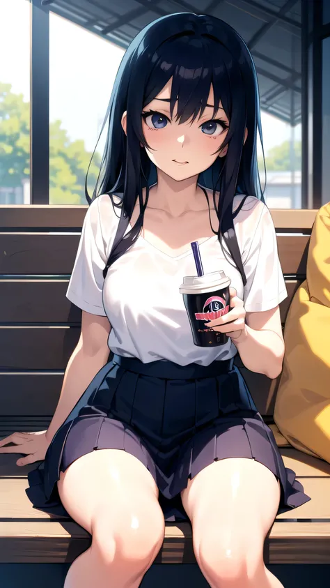 anime girl sitting on a bench with a cup of coffee, cute anime girl, anime style illustration, soda themed girl, beautiful anime high school girl, a hyperrealistic schoolgirl, anime girl, young anime girl, beautiful anime girl, anime girl drinks energy dri...