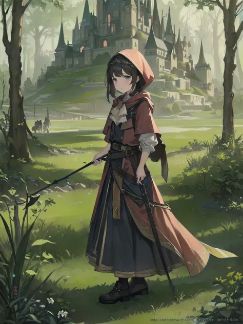 (Masterpiece, top quality, highest quality, official art, beautiful and aesthetic: 1.2), 1 girl, solo, marquise, adventurer, hood, meadow, detailed background, otherworldly fantasy with overwhelming modeling and super detailed amount of writing, one of the...