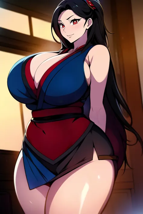 An anime-style artwork depicting tifa from the game final fantasy 7

Tags: tifa, anime, detailed eyes, detailed lips, ass, 1girl, red eyes, (blue short kimono:1.1),, (black hair:1.1), solo, huge breasts, smiling expression, intense gaze, dynamic pose, indo...