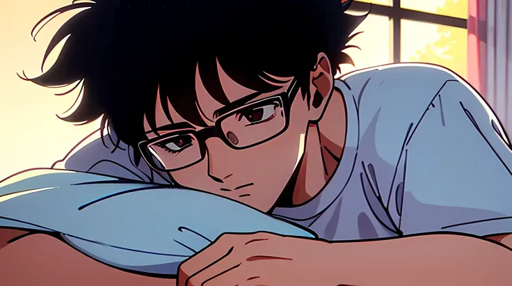 A 19 years old guy with round glasses, short hair, messy hair, hair between eyes, black hair, with his head lying on pillow, close up, school, white t-shirt, masterpiece, 1990s style