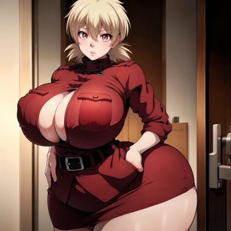 High resolution, Hellsing Ultimate art style, Seras Victoria, 1girl, ((bimbo))), short blond hair, red eyes, puffy lips, thick lips, wide hips, thick thighs, enormous fake breast, huge ass, round fake breasts, enormous round breasts, romantic cute face, gi...