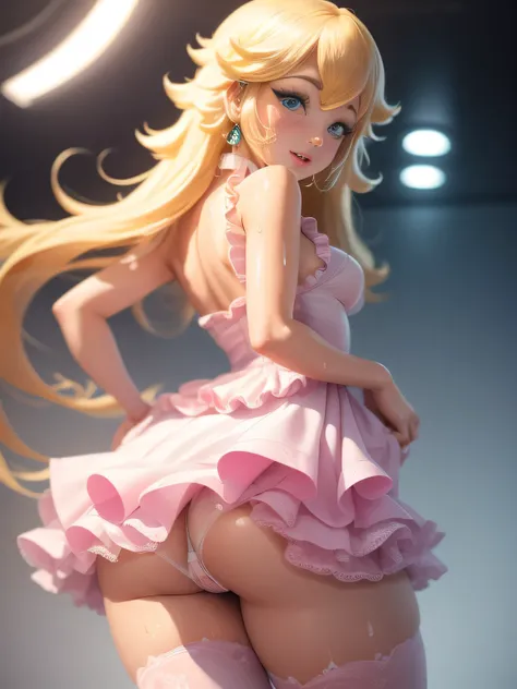 Princess Peach, blue eyes, stunning proportions, white background, long hair, extremely detailed, full body shot, pink thighhighs, sweating, wet, blush, in love with viewer, ((cum)), white panties pushed aside, (happy, frills, pink dress), ass, dripping , ...