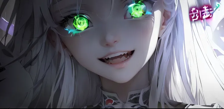 anime girl with green eyes and long white hair, glowing eyes everywhere, with glowing eyes, evil smile and glowing eyes, glowing details!, white glowing eyes, eyes are glowing, she has white eyes!!!, eyes glowing, glowing white eyes, very glowing eyes, glo...