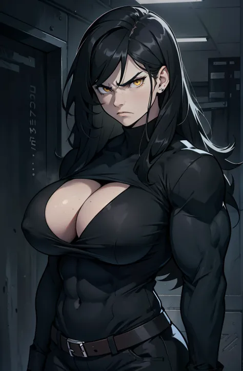 ((1 girl)), extremely long hair, solo, ((muscular)), veins, black hair, yellow eyes, pale skin, strong, veins, abs, (huge breasts), frown, dark atmosphere close up black shirt long sleeve dark room