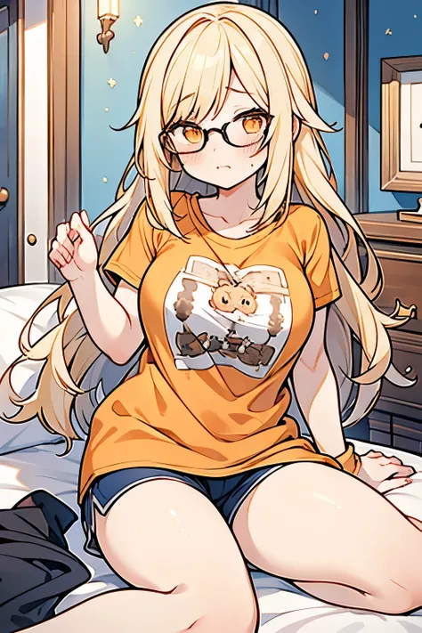 girl、Blonde、Hair that flies around、Orange eyes、Wearing glasses、Thick thighs、G-Cup、Loungewear、Blushing、unconfident、（（highest quality））、Anime Style、Bedroom、Loungewear、T-Shirts、Shorts