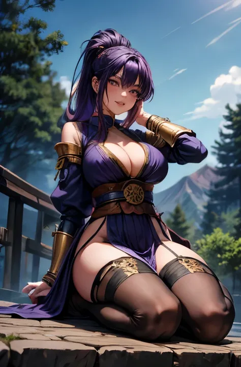 full body picture, glamour shot, {{{masterpiece}}}, {{{best quality}}}, {{ultra-detailed}}, {cinematic lighting}, {illustration}, {beautifully detailed eyes}, {1girl}, extremely detailed, 1girl, solo, flirtatious pose, A beautiful shinobi warrior, purple h...