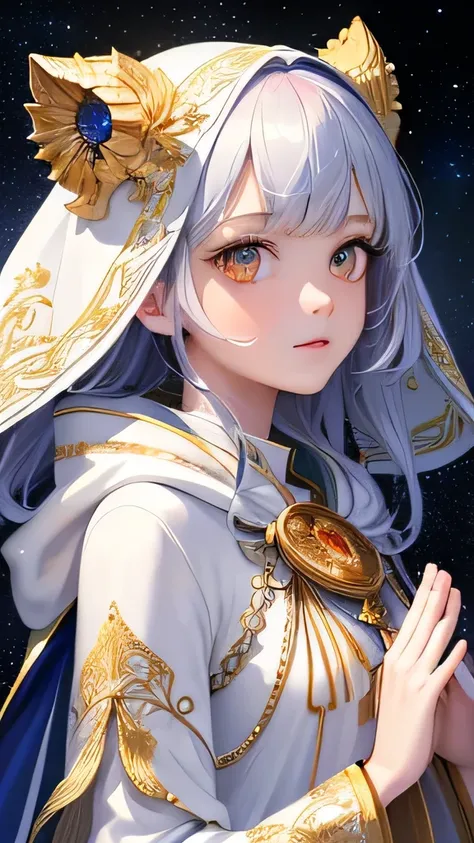 (masterpiece, highest quality, highest quality, Official Art, beautifully、aesthetic:1.2), (One girl), Very detailed, (Fractal Art:1.3), colorful, Most detailed, Perfect Face, Upper Body, High resolution, (pray:1.3), (White cloak, golden lines:1.2), Milky W...