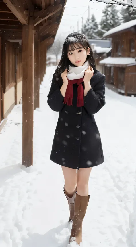 (slender girl)、White coat and red plaid scarf、Tight sweater fabric dress、(I have long hair with bangs:1.5)、(A girl standing with a smile on her face, looking straight ahead、Hair fluttering in the wind:1.3)、(Beautiful snow is falling in the clear sky:1.5)、(...