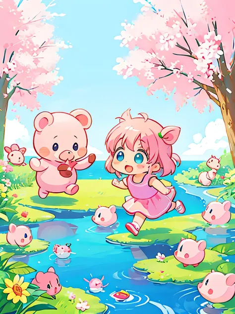 Momoko Sakura style, Kawaii Design, Chibi, Running together、Lots of friendy friend is Lovely piglet.、lovely colorful piglet、(((Pepsi)))、Playing in the water naked